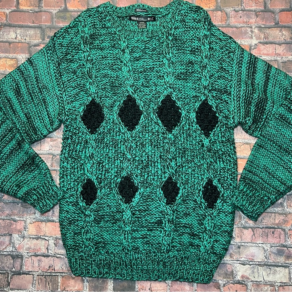 VTG 80s Heavyweight Handmade Sweater Adult M Black Green Chunk Knit Retro Sole